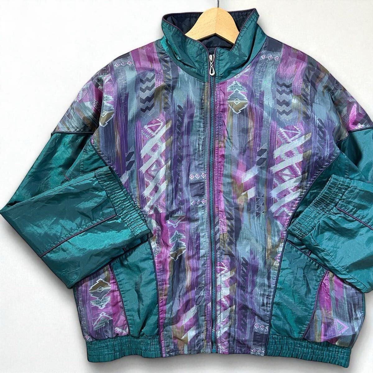 好配色! 80s アメリカ古着 ナイロンジャケット 切り替え デザイン 光沢 バブリー ブルゾン 総柄 グリーン レトロ L ヴィンテージ / AL001拍卖