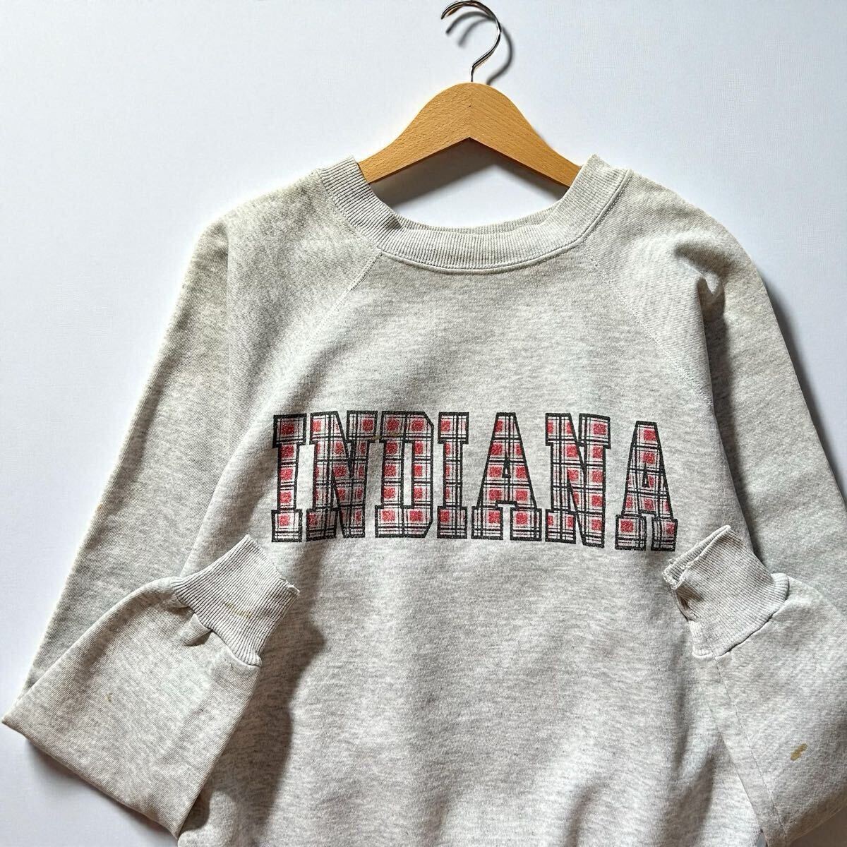 希少 80s~90s ラグラン カレッジ ボロ スウェット INDIANA インディアナ チェック柄 トレーナー M グレー USA 古着 ヴィンテージ 襤褸 /y10拍卖