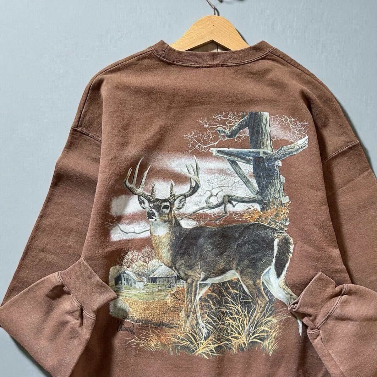ヴィンテージ Al Agnew 鹿 リアルアニマル スウェット 大判 バックプリント クルーネック トレーナー アート ブラウン 古着 /A2824拍卖