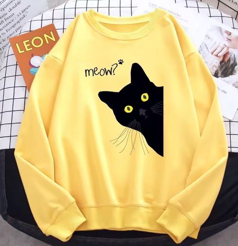 【新品・Sサイズ・Yellow】トレーナーニャー黒猫プリントパーカープルオーバークルーネックルーズ女性服 大き目サイズ拍卖