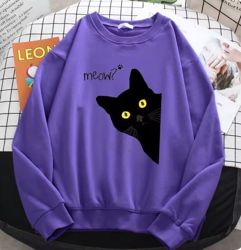 【新品・Lサイズ・Purple】トレーナーニャー黒猫プリントパーカープルオーバークルーネックルーズ女性服 大き目サイズ拍卖