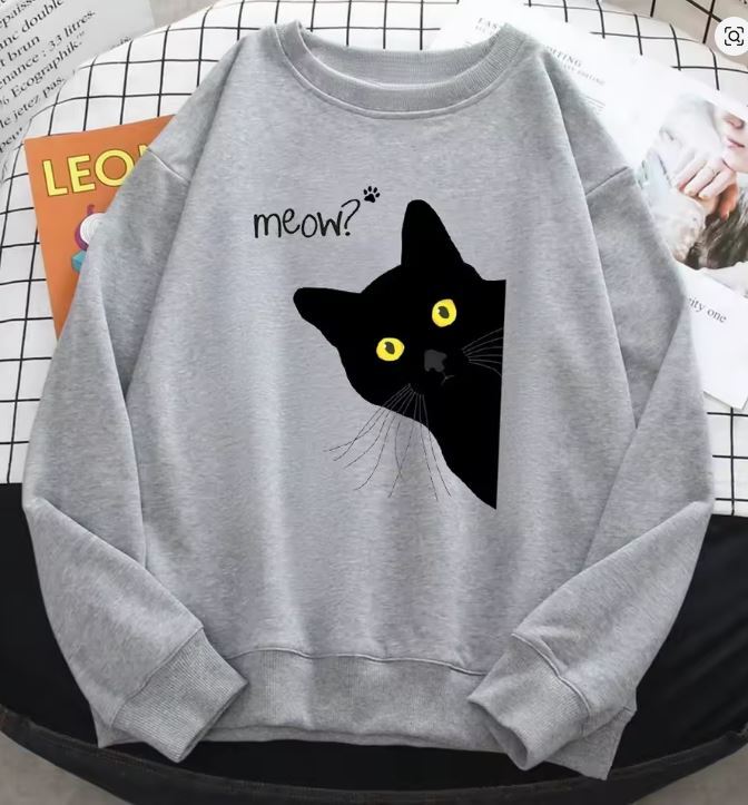 【新品・2XLサイズ・Gray】トレーナーニャー黒猫プリントパーカープルオーバークルーネックルーズ女性服 大き目サイズ拍卖