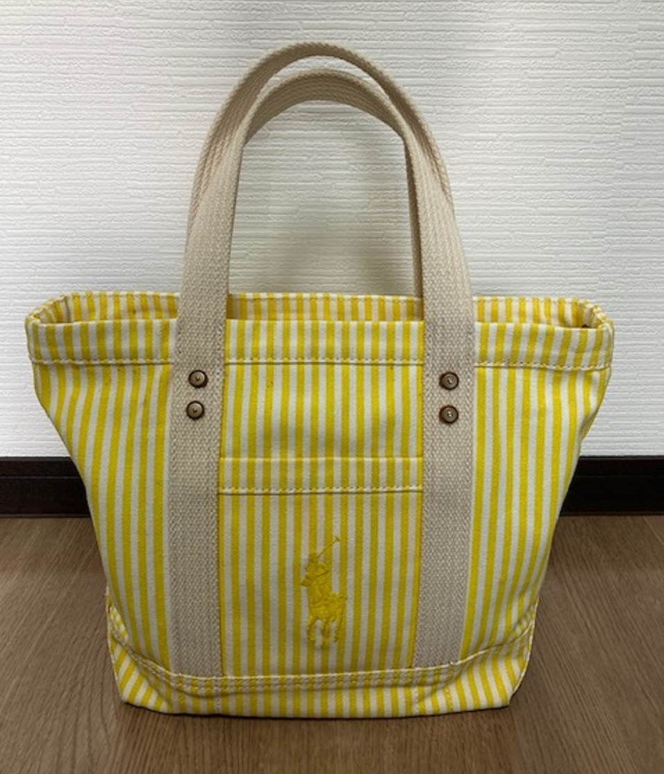 ラルフローレンPOLO トートバッグ キャンバス イエロー×ホワイト ストライプ拍卖