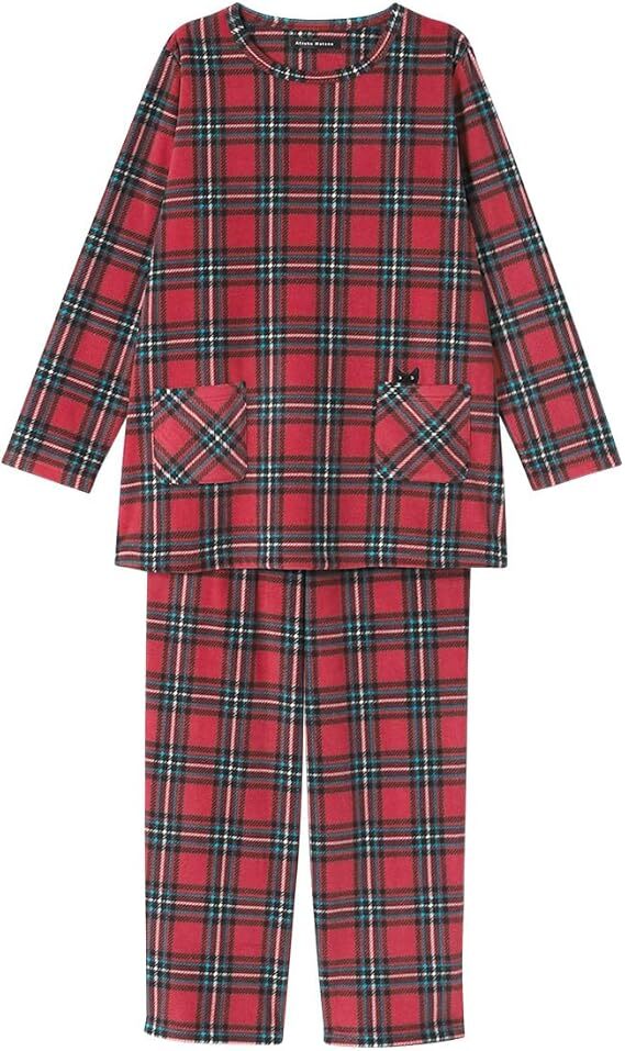 Mサイズ マタノアツコ 俣野温子★ワコール新品タグ付パジャマ長袖ルームウエア トップス ボトムス 丸首チェック柄フリースRE メメ猫拍卖