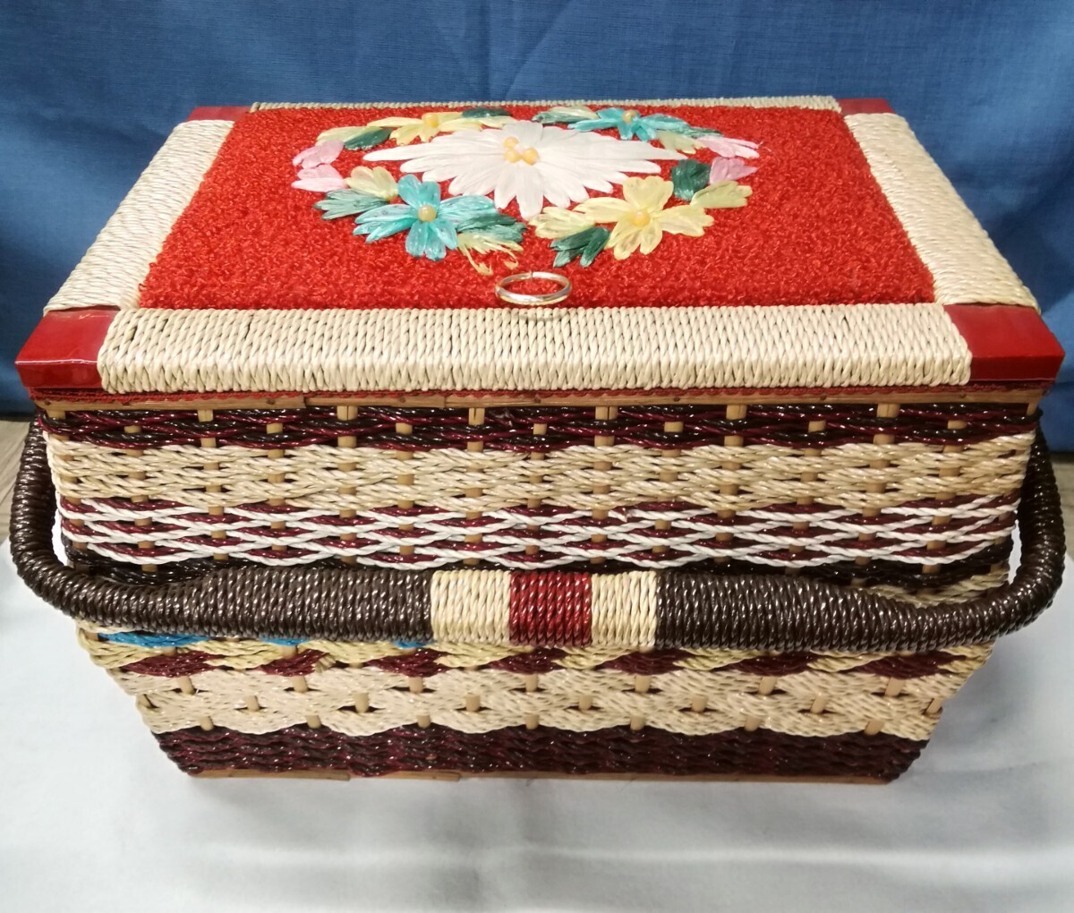 g_t P239 ☆昭和レトロ ソーイングボックス 裁縫箱 バスケット インテリア かご 内収納あり アンティーク 38cm×27cm×26cm拍卖