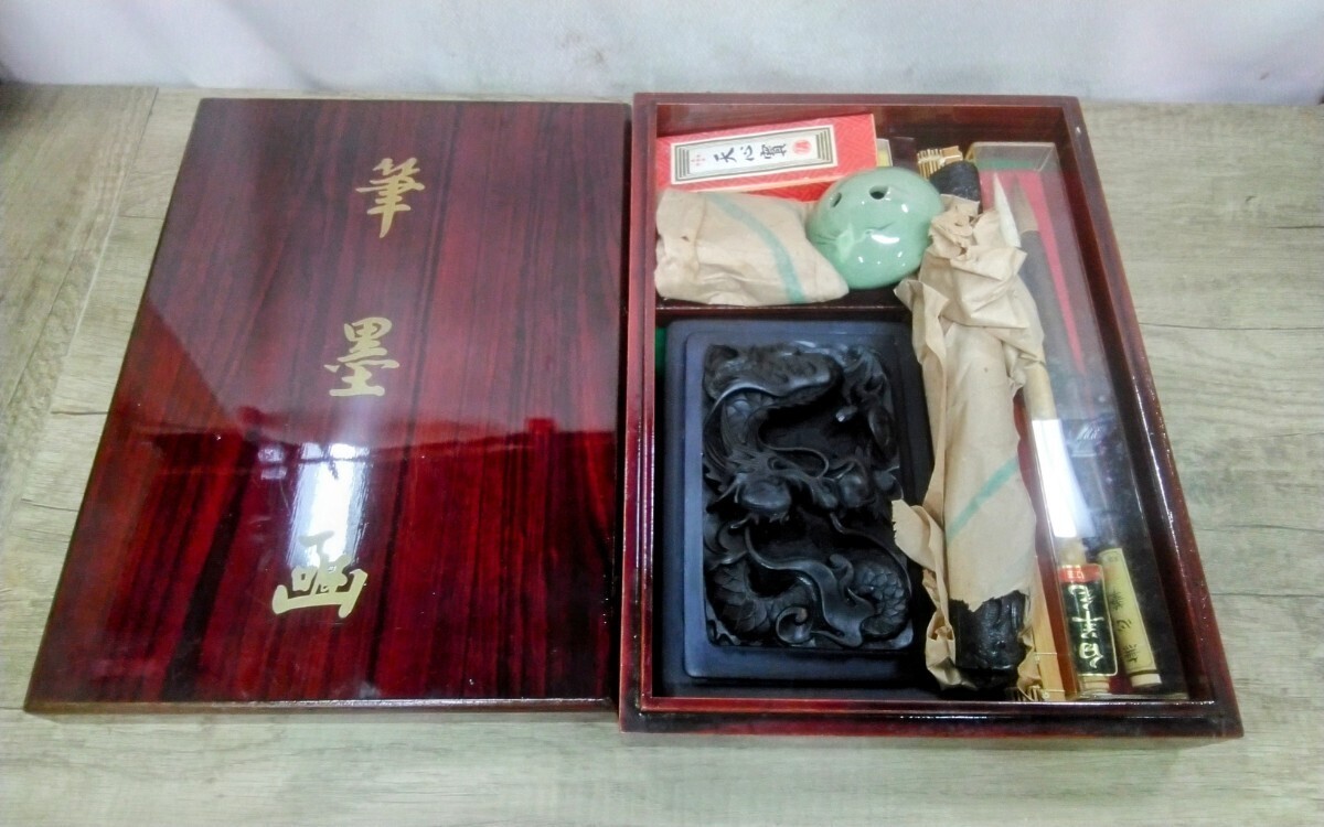 g_t L930 木漆塗り 硯箱セット★コレクション★アンティーク★工芸品★芸硯箱★文鎮★書道道具★書拍卖