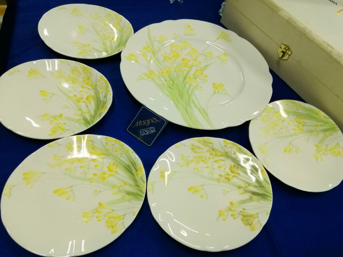 g_t G887 【未使用長期保管品】Magna マグナチャイナ LA MIA fresia 27.5cmプレート 16cm取り皿 5枚 ケーキパーティ ケースあり 洋食器拍卖