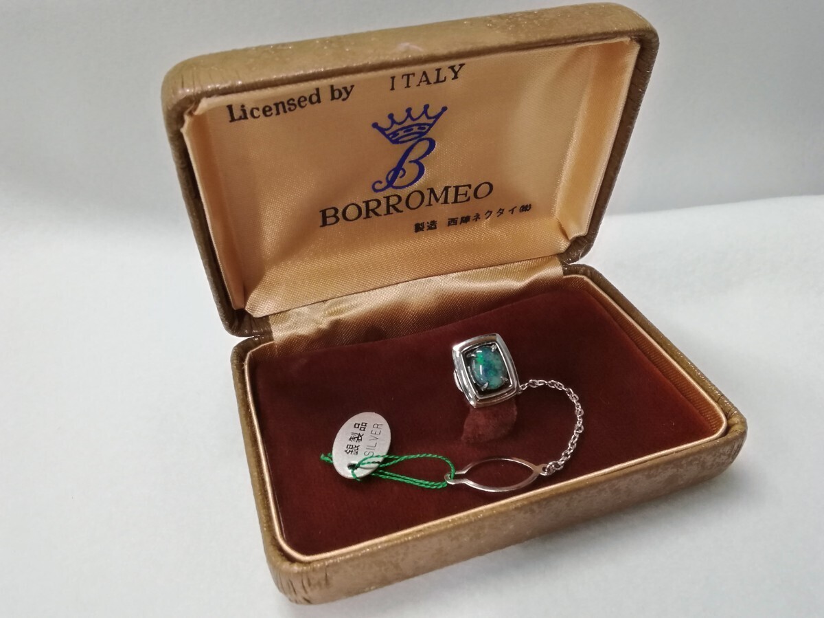 g_t L880 ☆BORROMEO ボッロメオ オパール調石 銀製タイピン(タイタック) SILVER刻印 西陣ネクタイ ケース付き拍卖