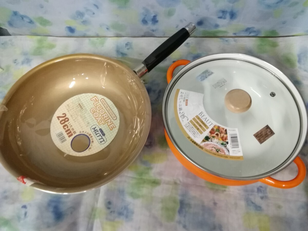 g_t K492 ☆ホーローガラス蓋よせしゃぶ鍋 26cm オール熱源対応/28cmいため鍋 フッ素樹脂加工変形あり【未使用長期保管品】拍卖