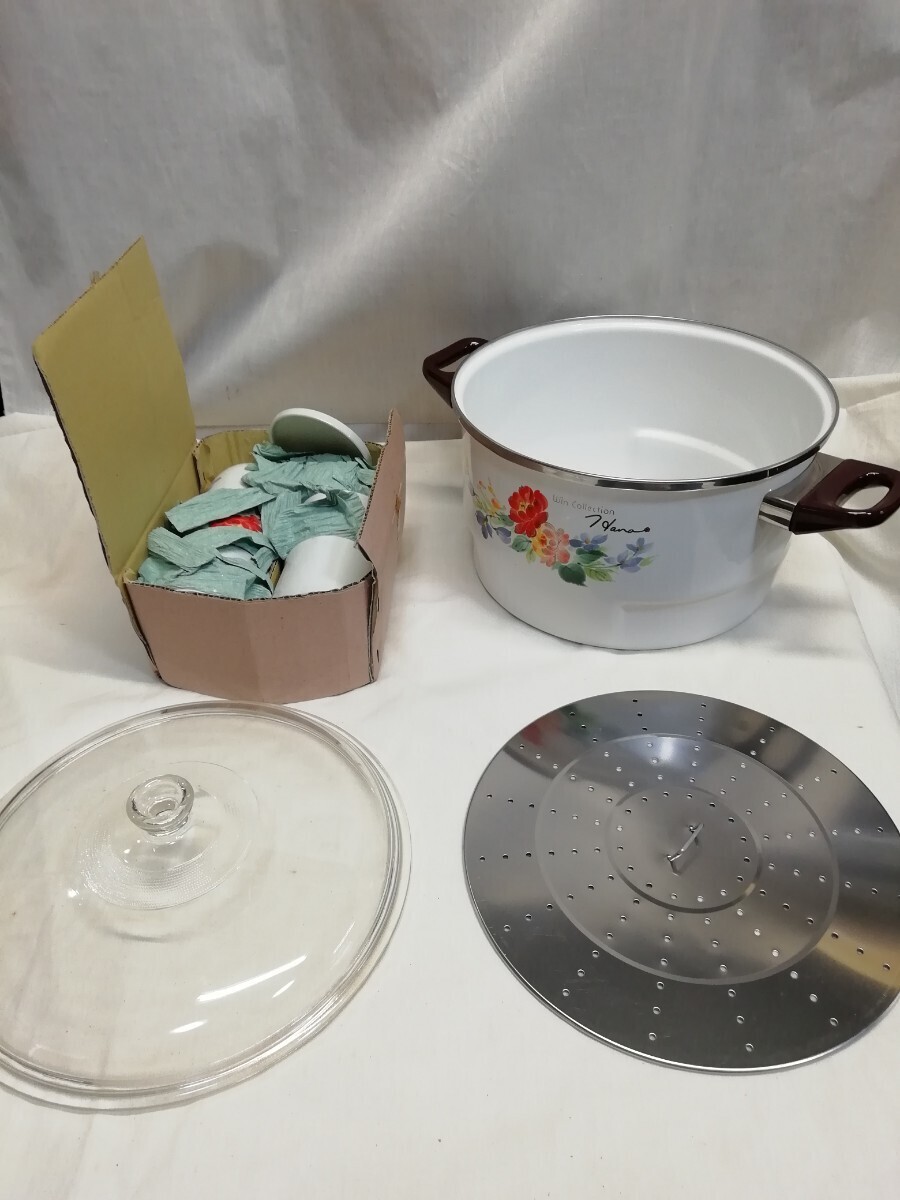 g_t L441 ホーロー蒸し器 両手鍋 ガラス蓋 茶碗蒸し器 調理器具 キッチン用品 昭和レトロ 長期保管拍卖