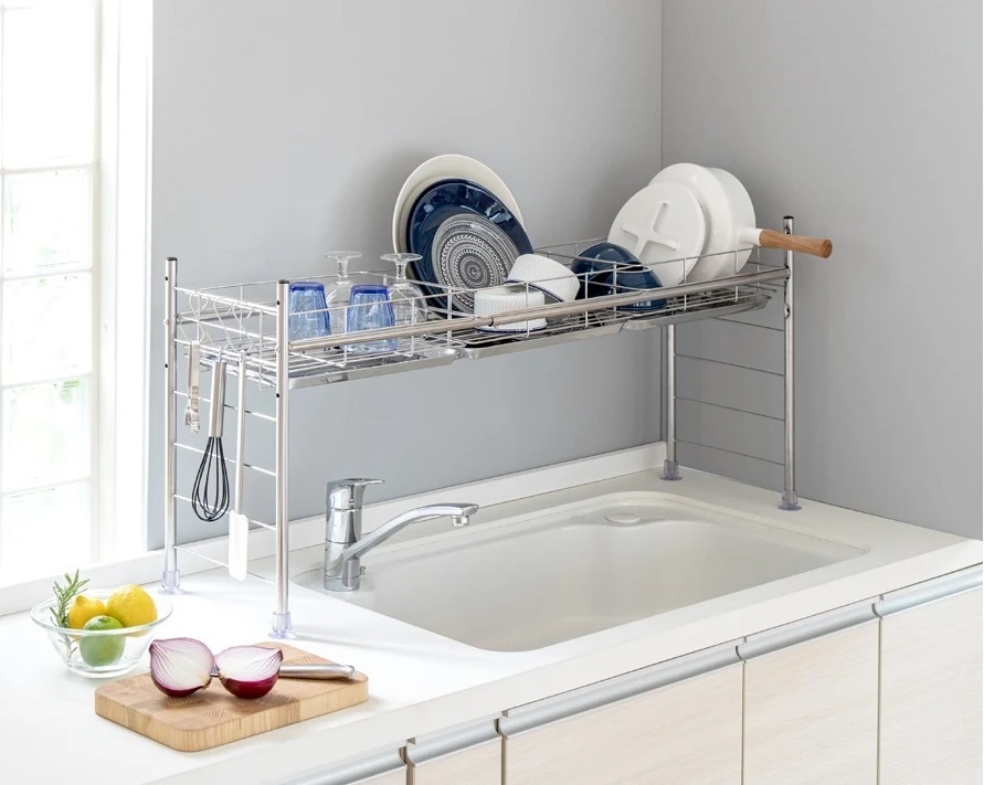 赤字処分!【燕三条製】シンク上をまたげる頑丈水切り/オールステンレス/スタンダードタイプ/S字フック3個付き/アウトレット拍卖