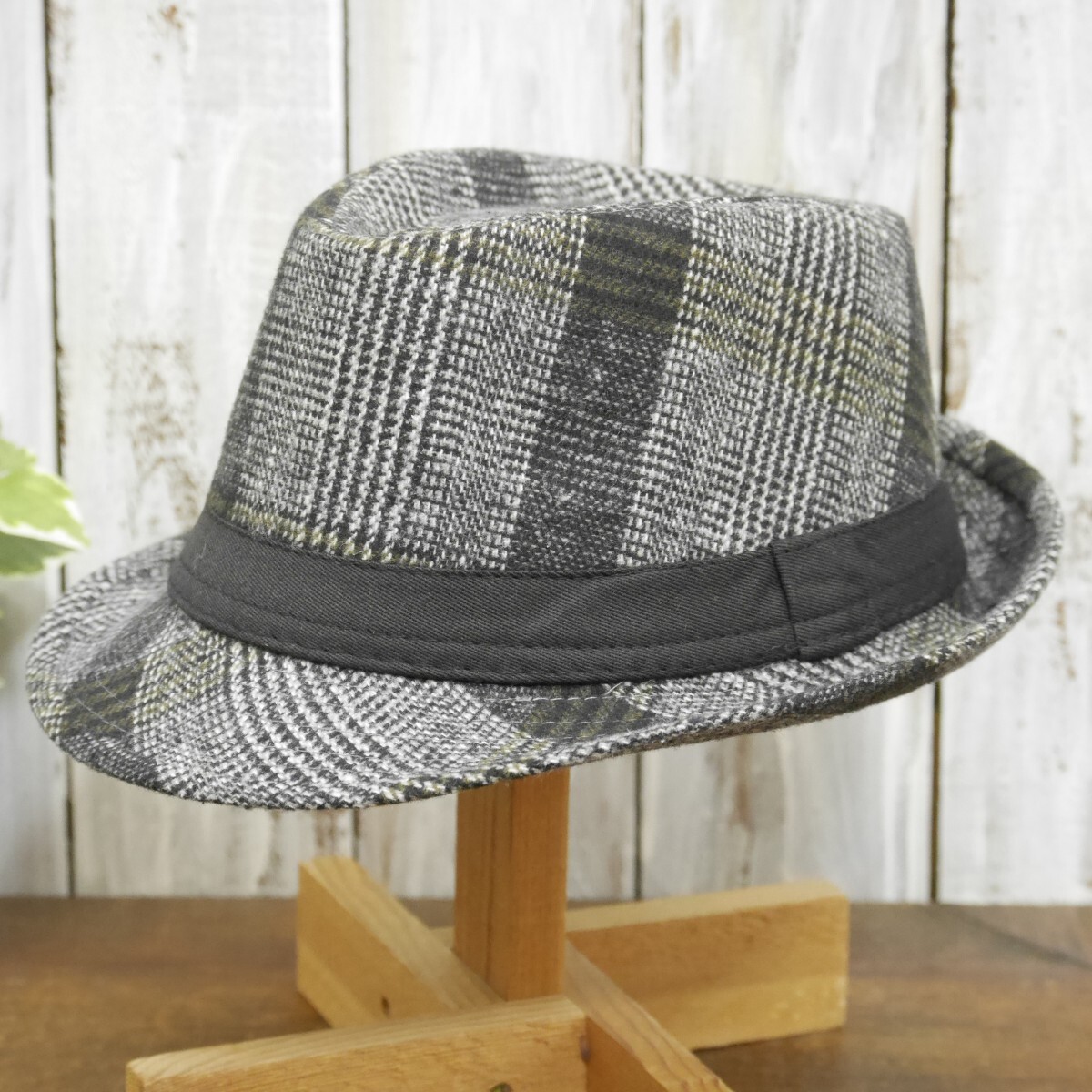 ウール風 ドレスチェック ブラック サイズ調整可 フェドラハット 中折れ 送料\450 男女兼用 ボルサリーノ パナマ拍卖