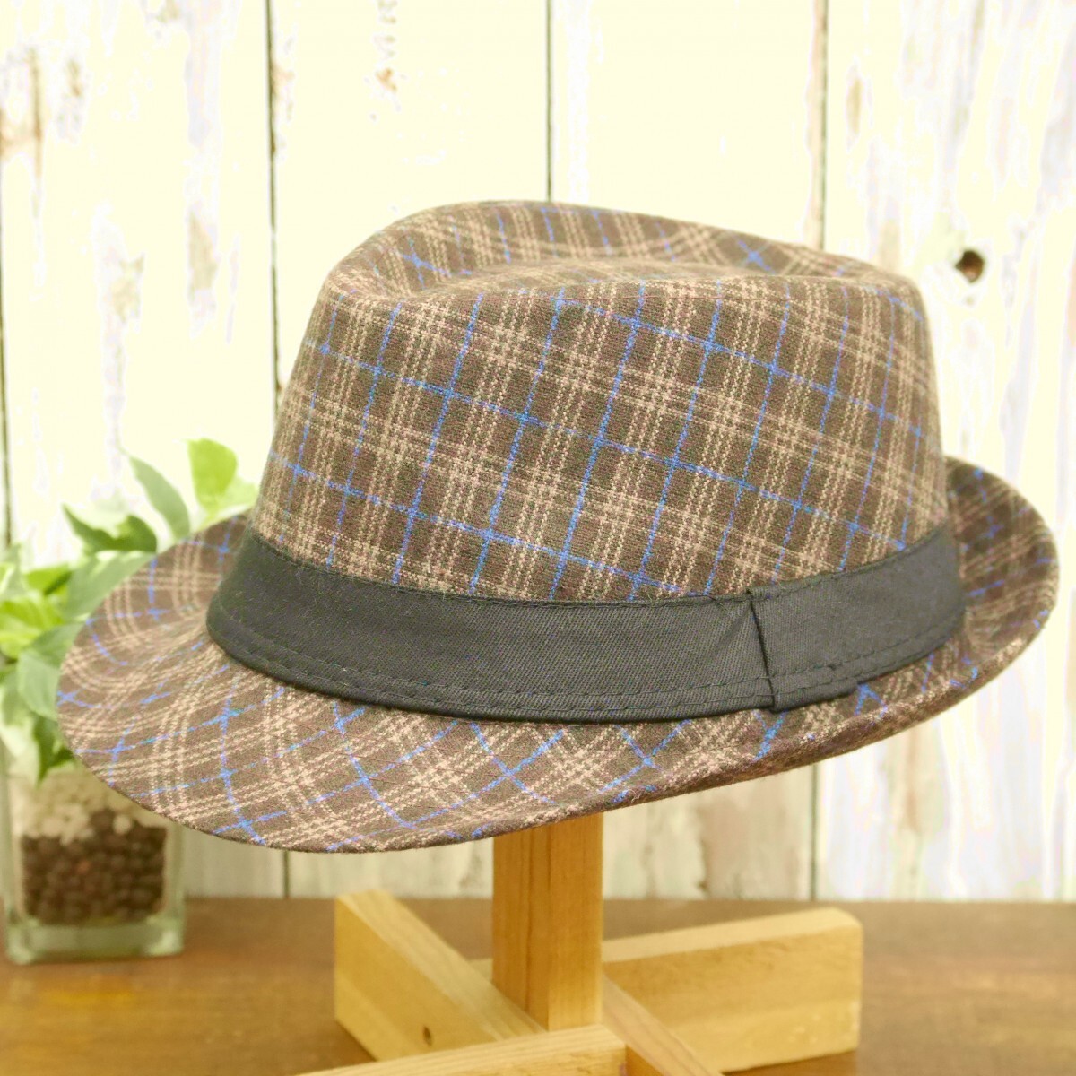 ウール風 ハウスチェック ブラウン サイズ調整可 フェドラハット 中折れ 送料\450 男女兼用 ボルサリーノ パナマ拍卖