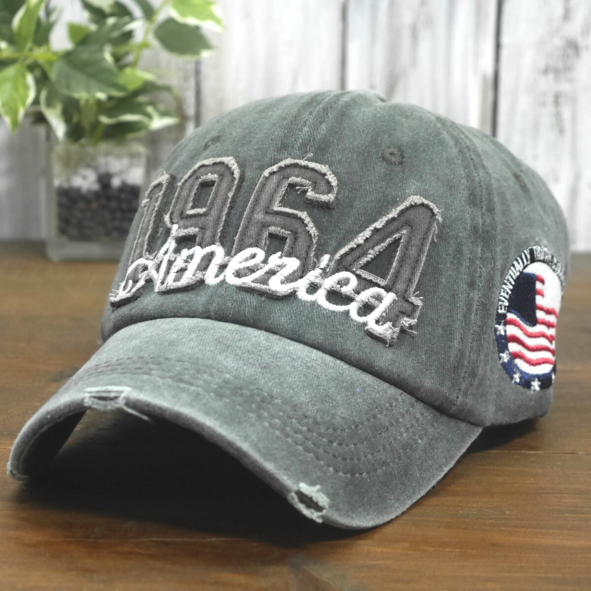 送料\450 1964 America ビンテージ ダメージ 色あせ キャップ モスグリーン サイズ調整可能 男女OK メンズ レディース拍卖