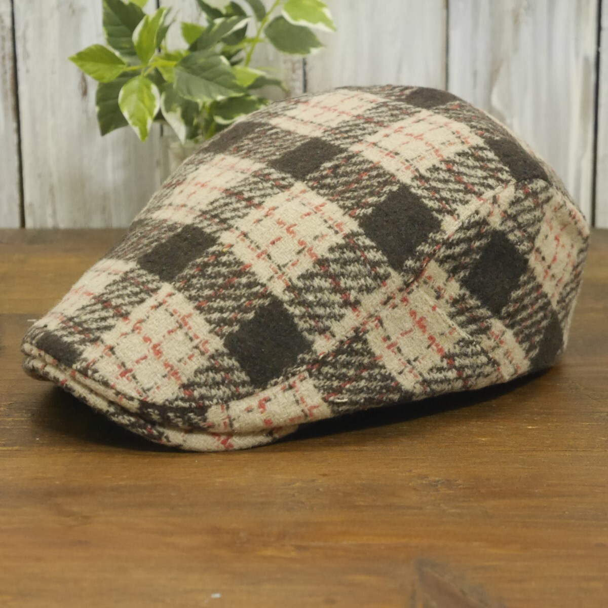 ウール ハンチング オーバーチェック ベージュ ブラウン シンプル サイズ調整可 送料\450 男女兼用拍卖
