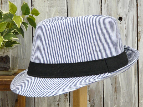 全国一律送料450円 フェドラハット ストライプ マリン ホワイトブルー 男女OK メンズ レディース ハット パナマ ボルサリーノ 中折れ拍卖