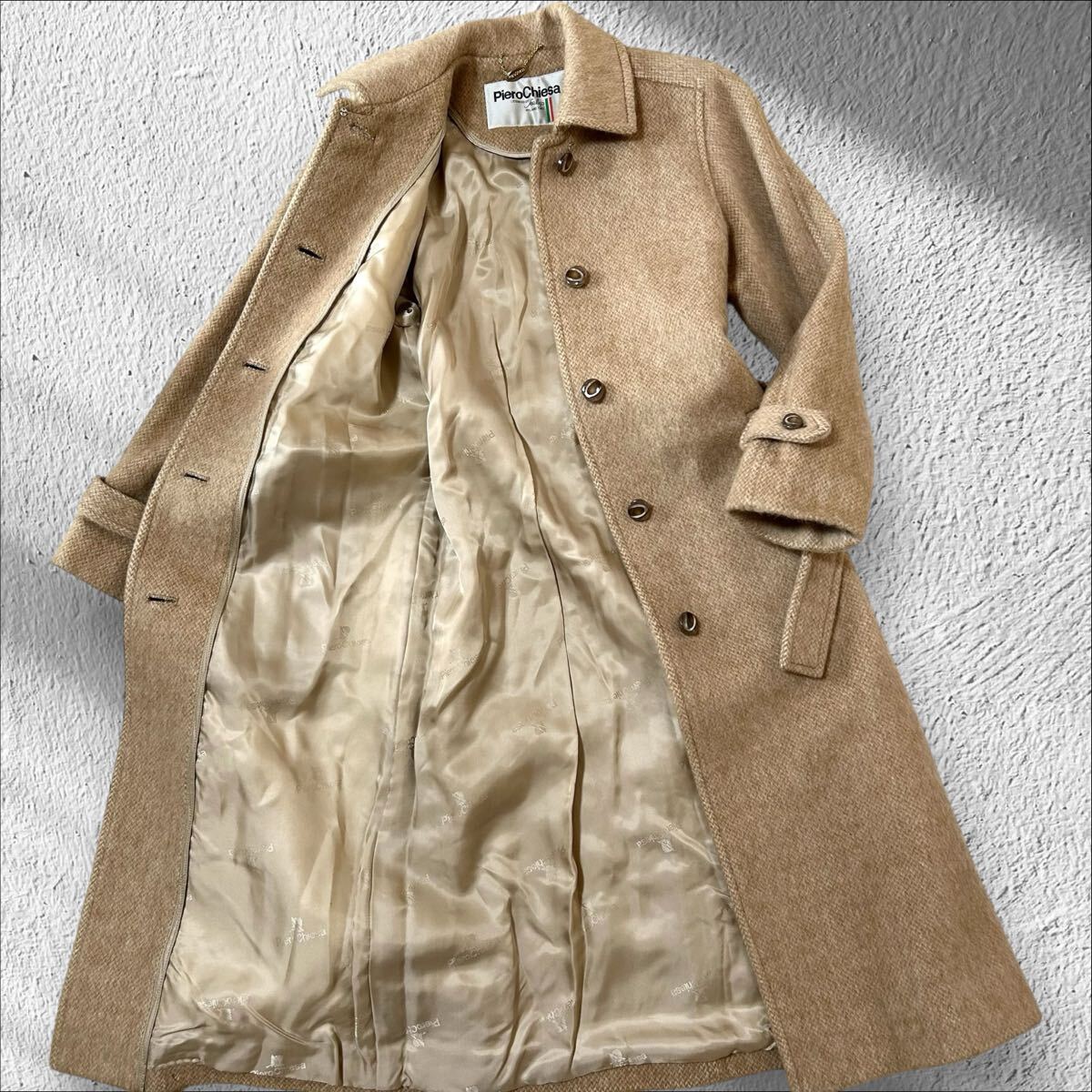 【美品】Piero Chiesa(ピエロチーサ)ベルト付き ウールコート 裏地総柄 ロングコート キャメル アウター 秋冬向け レディース フリー拍卖