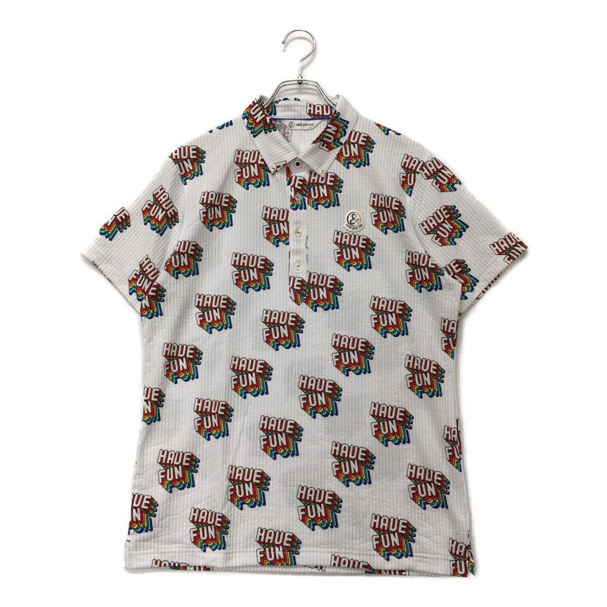 coco 中古 アンパスィ and per se メンズ 半袖ポロシャツ L 白系 ホワイト 総柄 ストライプ ボタンダウン ネコポス発送可 114727拍卖