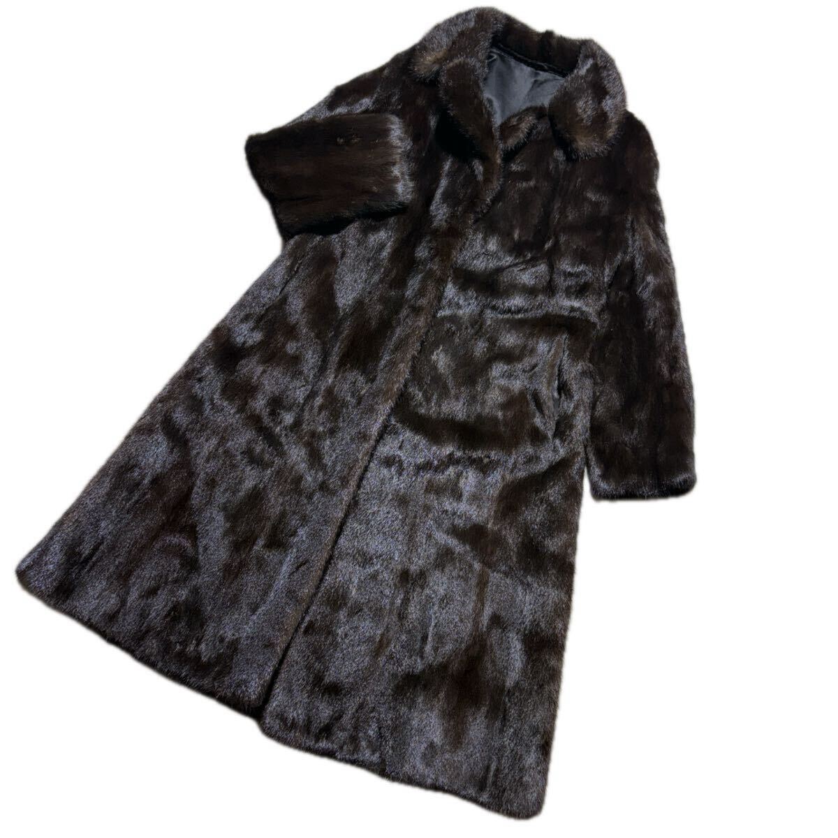 身丈107cm● ミンク ファーコート ロングコート MINK 最高級毛皮 リアルファ― ダークブラウン系 毛並み◎ なめし柔らかめ拍卖