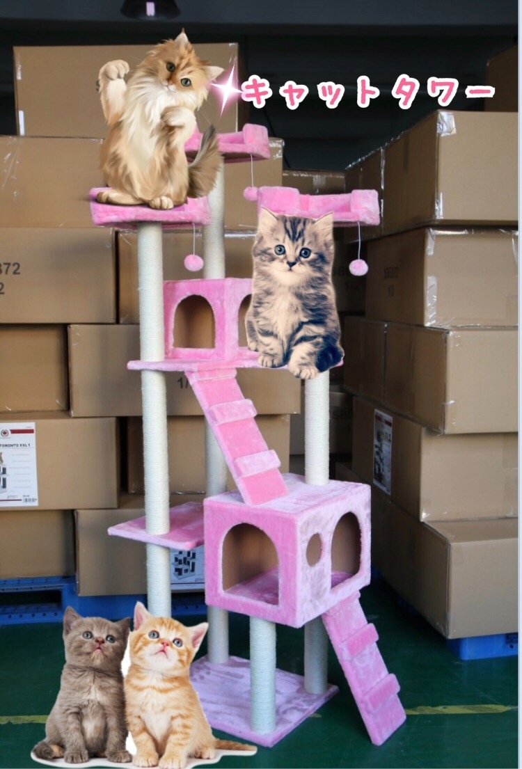 キャットタワー 猫タワー ワイド170cm  カラー パッションピンク  置き型  爪とぎ ネコタワーy拍卖