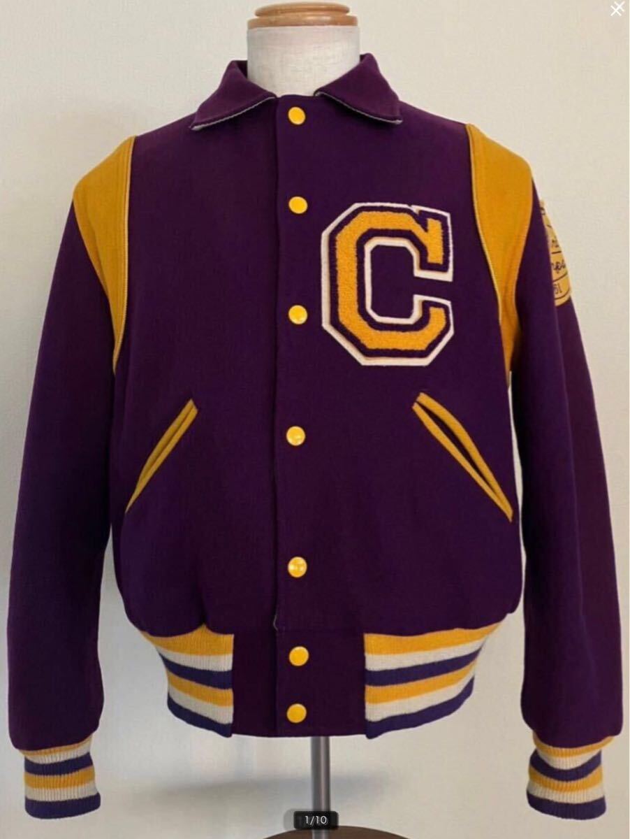 60s Bells ビンテージ アワードジャケット スタジャン リバーシブル パープル×イエロー サイズ42 50sロカビリースタイル拍卖