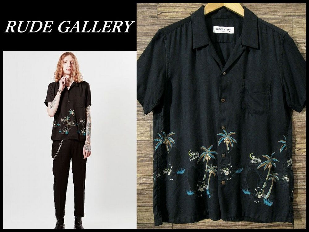 送無 美品 17SS RUDE GALLERY ルードギャラリー 半袖 レーヨン ブラック パンサー スカル パームツリー オープンカラー アロハ シャツ 黒 3拍卖