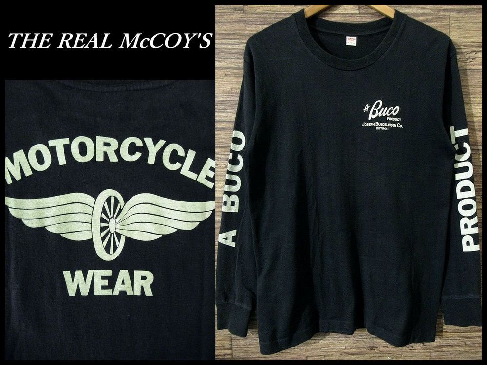 送無 42 XL THE REAL McCOY'S リアルマッコイズ BUCO ブコ MOTORCYCLE WEAR 長袖 フライングホイール 両袖 ロゴ プリント Tシャツ ロンT 黒拍卖
