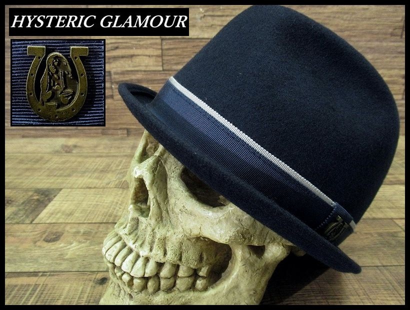 送無 美品 定価18,480 HYSTERIC GLAMOUR ヒステリックグラマー ホースシュー ガール バッジ 装飾 リボン ウール フェルト 中折れ ハット 紺拍卖