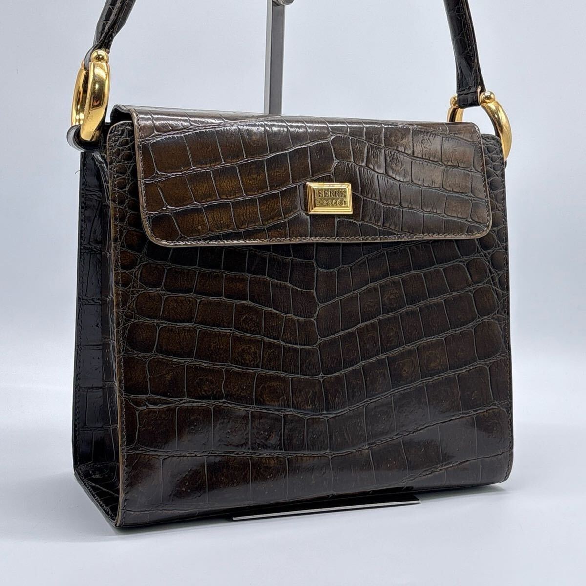 美品 ジャンフランコフェレ クロコダイル クロコ型押し ハンドバッグ バック ブラウン ゴールド金具 イタリア製 レディース拍卖