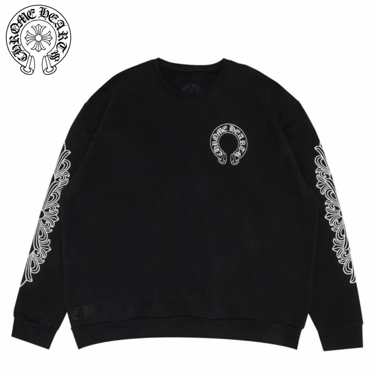 ★クロムハーツ★CROMEHEARTS フローラルクロス ホースシューロゴ クルーネック スウェット オーバーサイズ黒 Mサイズ ショッパー付き♪拍卖