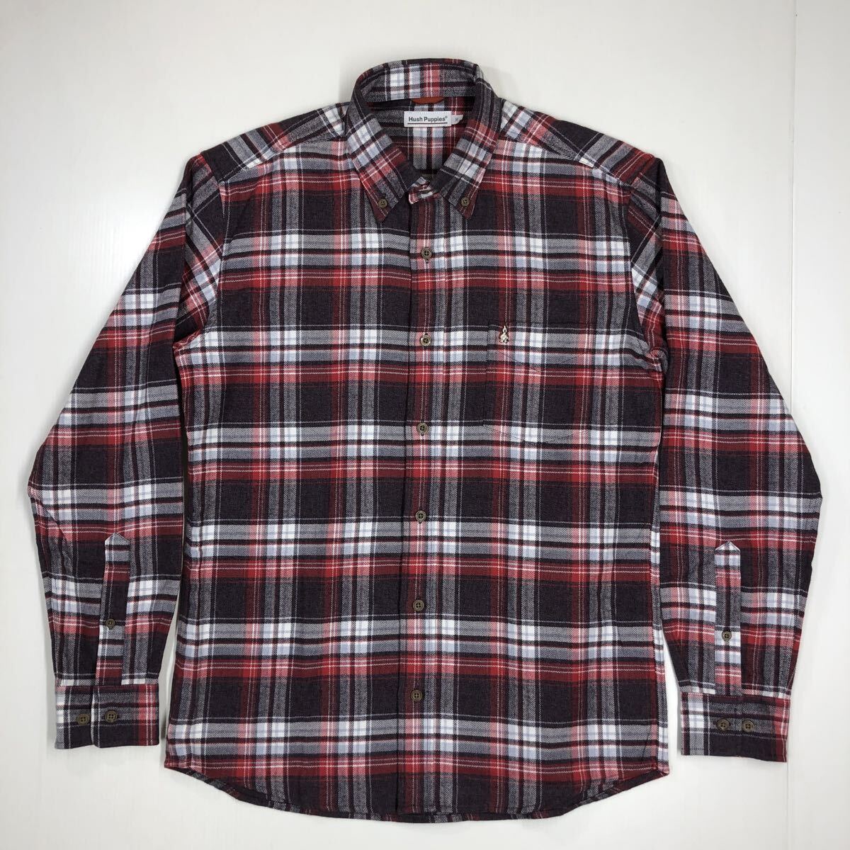 良品 Hush Puppies ハッシュパピー ネルシャツ ボタンダウン チェック柄 胸ポケット メンズ Mサイズ 510-38拍卖