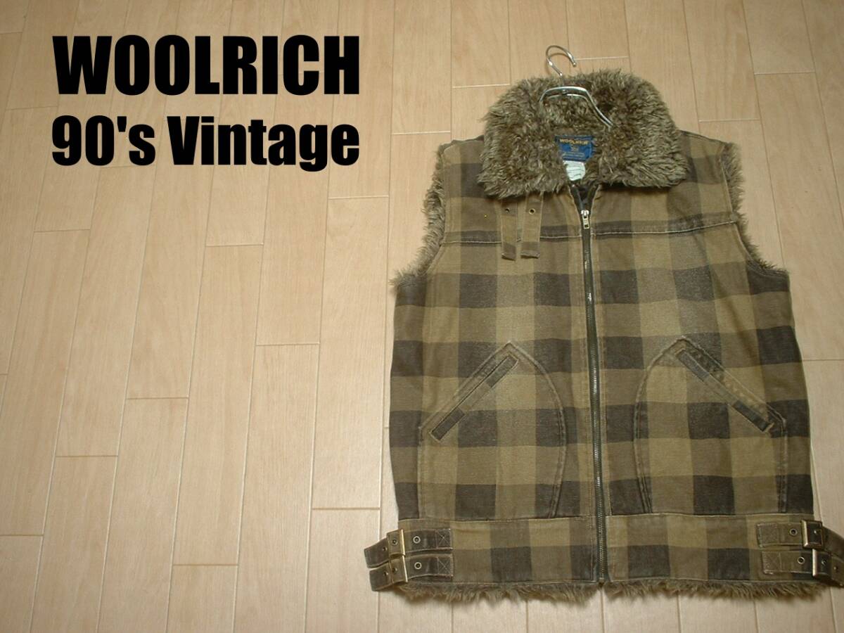 90sビンテージWOOLRICH中綿入りキャンバスボアベストLバッファローチェック正規ウールリッチジレパフライダースジャケットジャンマッキーノ拍卖