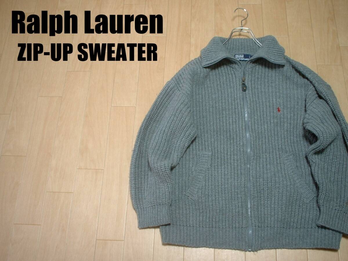 POLO by RALPH LAURENワンポイント刺繍ジップアップウールセーターLグレーカーディガン正規ポロバイラルフローレン90sビンテージカウチン拍卖