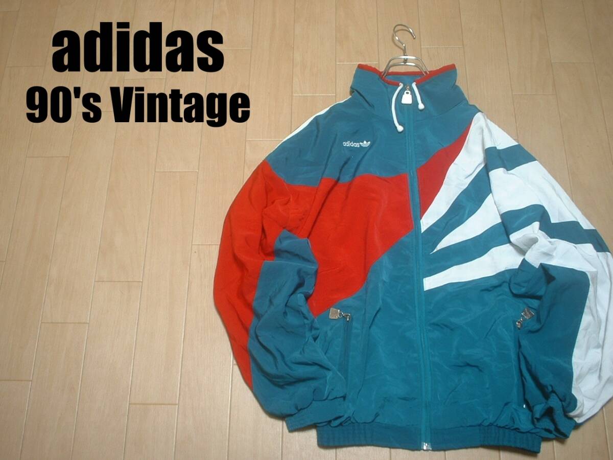 90sビンテージadidasマルチカラーナイロンジャケットL刺繍トレフォイルワンポイント正規アディダストラックジャージトップウィンブルドン拍卖