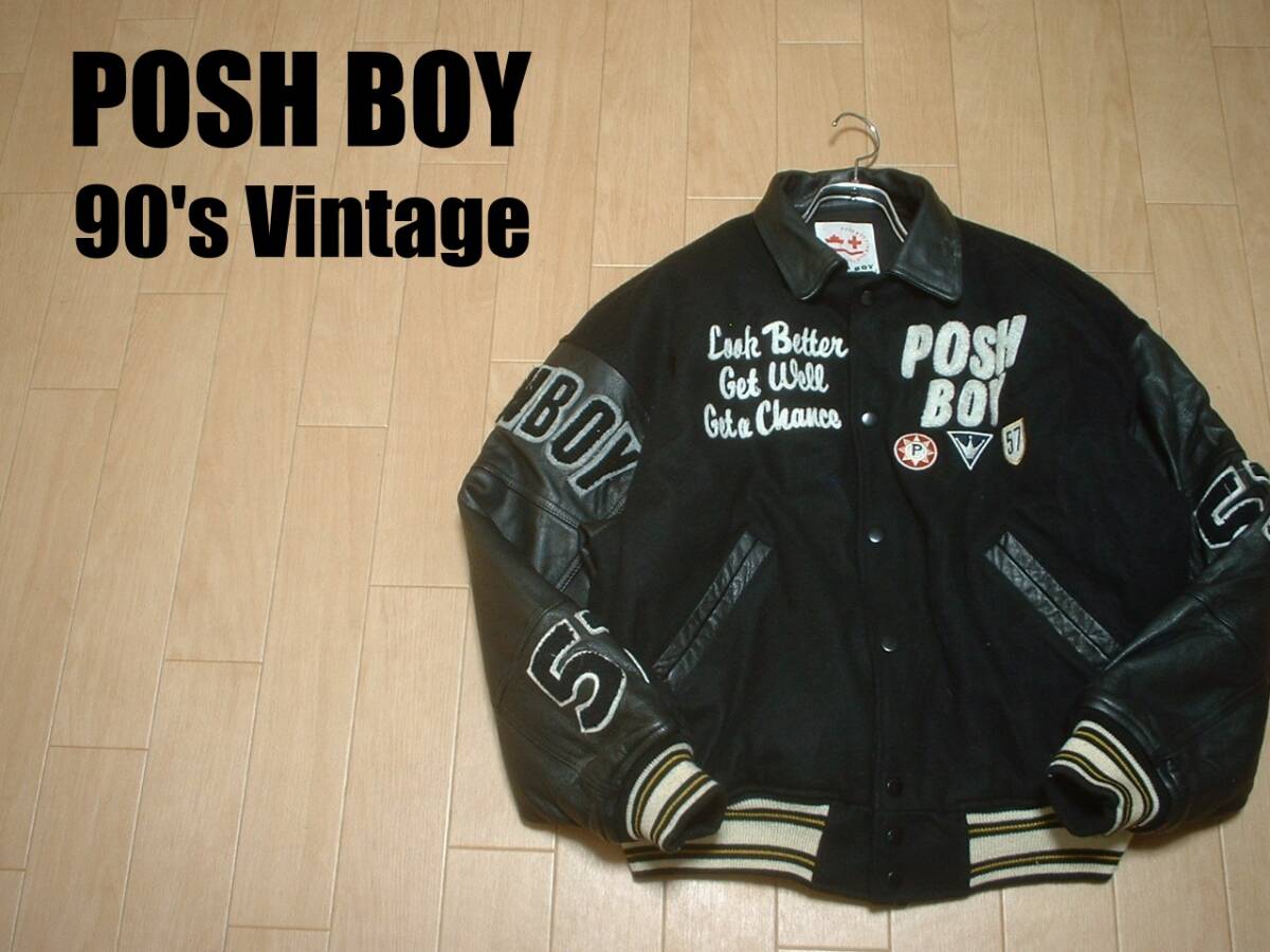 POSH BOYワッペン刺繍デコレーション袖革スタジャンFREE正規ポッシュボーイ90sビンテージアワードジャケットVINTAGE黒ブラックMA-1拍卖