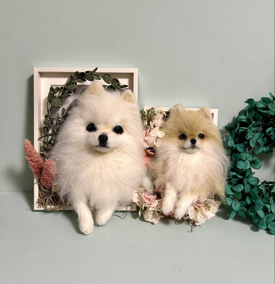 羊毛フェルト おすましポメちゃんユーカリフレーム 白ポメ拍卖