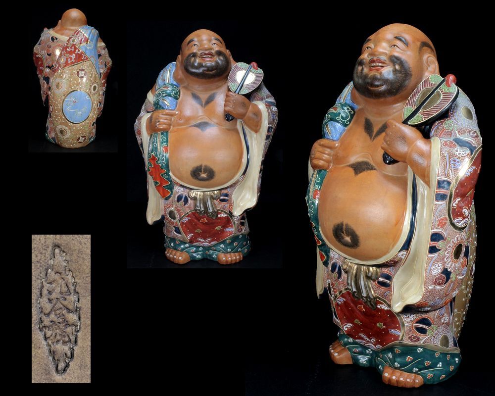 九谷焼 色絵 金彩 盛上 細密 花波千鳥紋 布袋像 七福神 置物 床飾 縁起物 高さ約44.5cm 重さ約5.6kg 古美術品拍卖