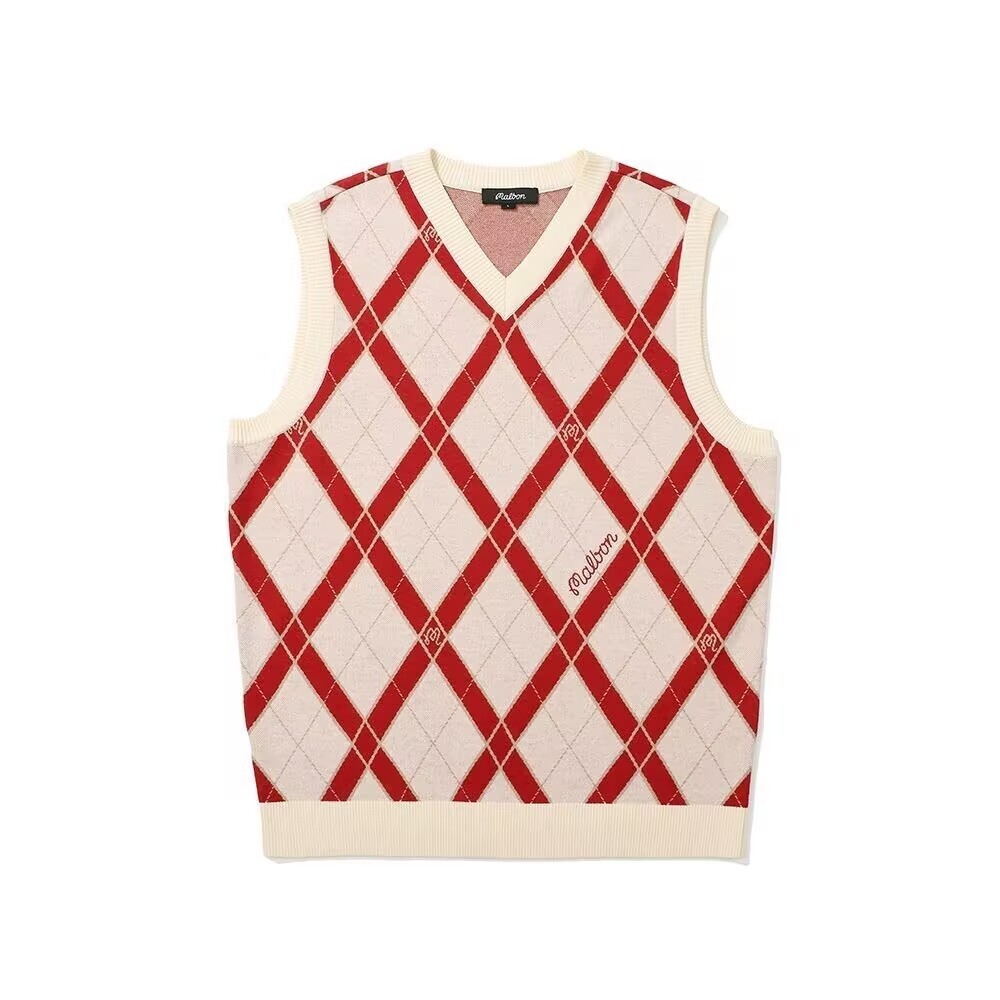 マルボンゴルフ malbon ゴルフ ベスト ニット メンズ スポーツ s m l 2xlサイズ選択可能  ベージュ×レッド 9ss0358拍卖