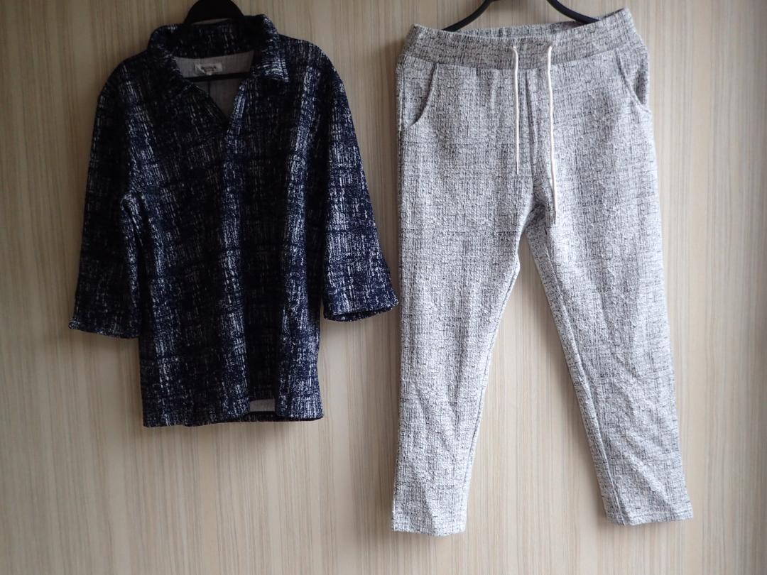 ◆七分袖 Vネック スキッパーポロ+アンクルパンツ セットアップ 上下 モザイク スラブ テクスチャー 杢◆拍卖