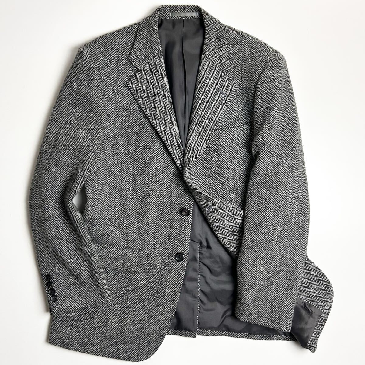 【希少/美品】HARRIS TWEED/ハリスツイード/2釦テーラードジャケット/秋冬/センターベント/開き見せ/ヘリンボーン/AB5/1円/1スタ拍卖