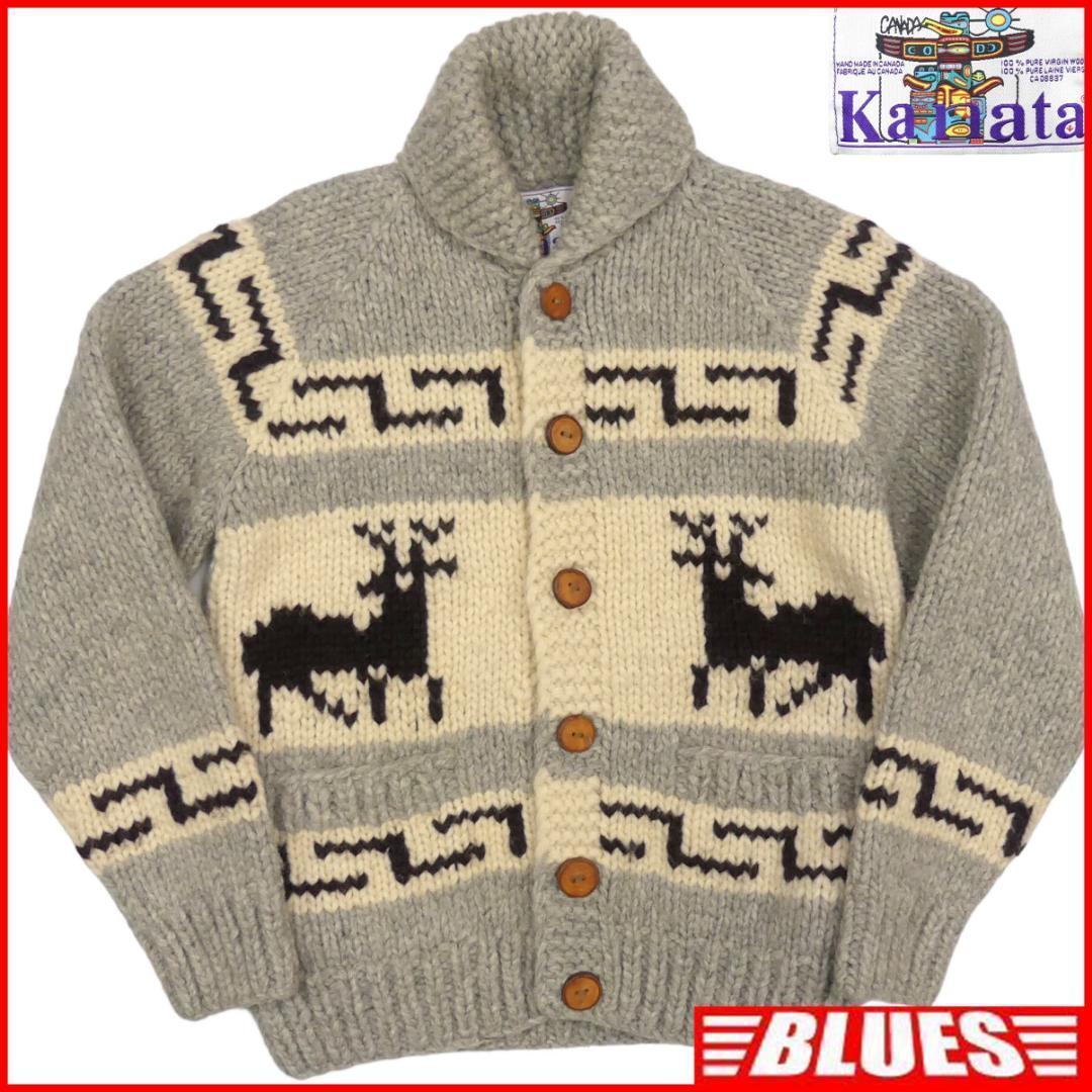 即決★カナダ製 KANATA★メンズL位 カウチンセーター カナタ 鹿柄 トナカイ グレー ニット セーター カーディガン メープルボタン拍卖
