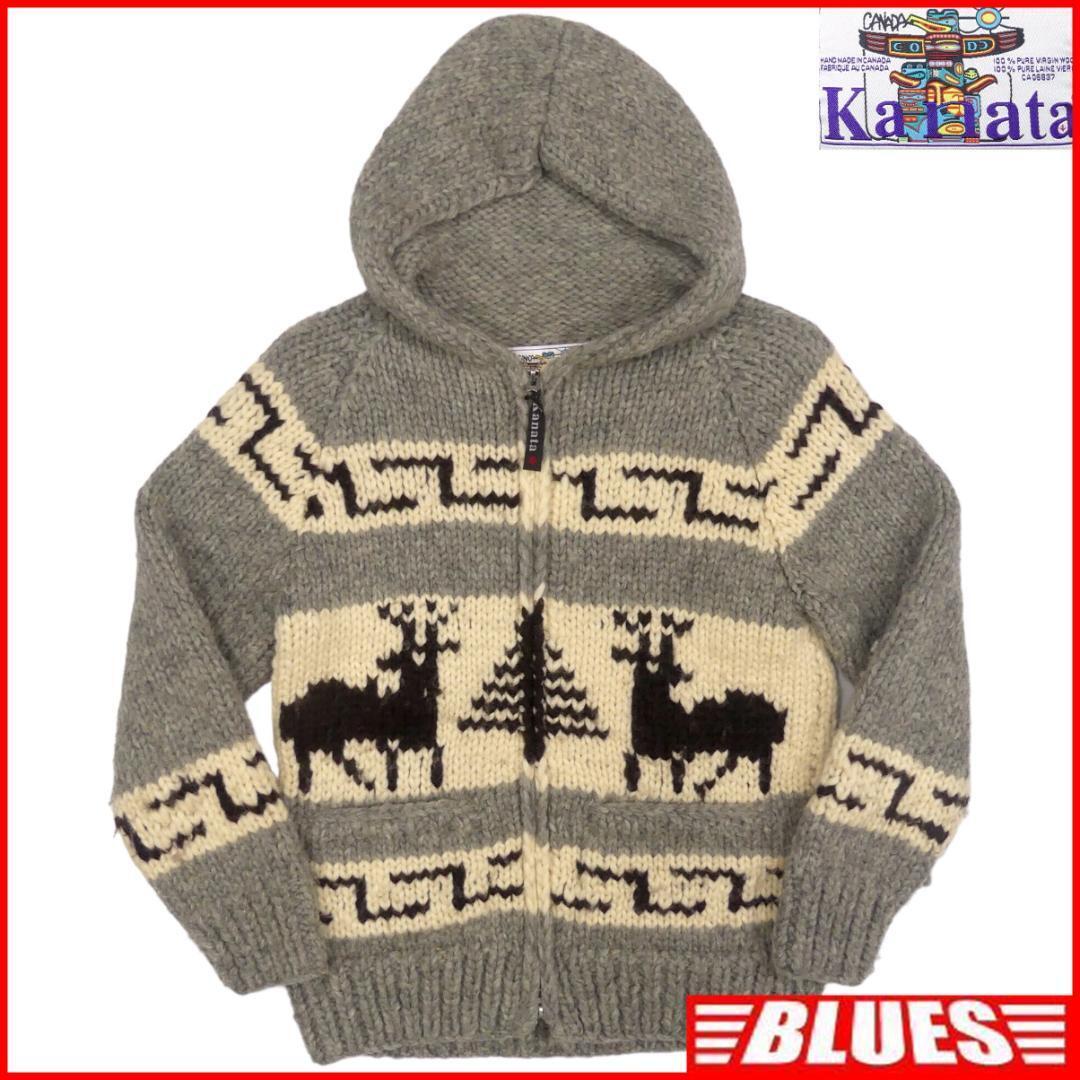 即決★カナダ製 KANATA★メンズL位 カウチンセーター カナタ グレー フード 鹿柄 ニット セーター カーディガン ジップアップ拍卖