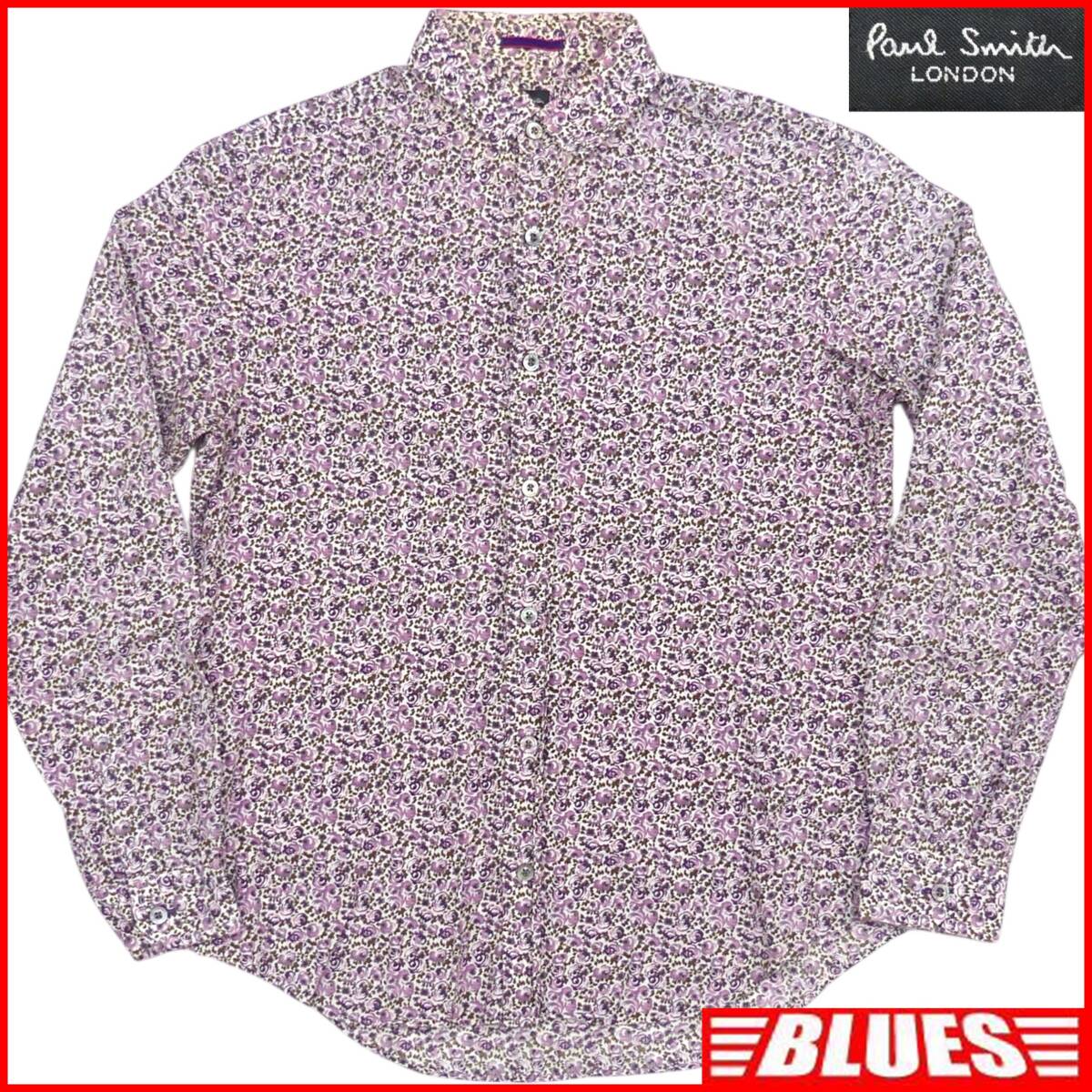 即決★Paul Smith★メンズ M シャツ ポールスミス 長袖シャツ 総柄 花柄 パープル 長袖 コットン拍卖