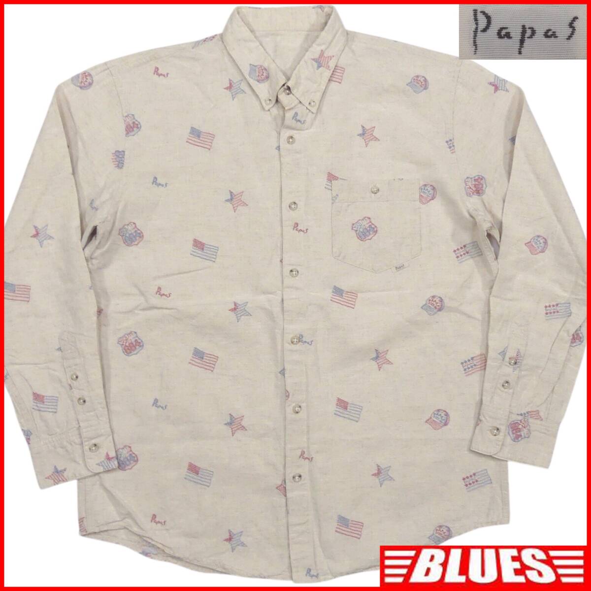 即決★Papas★メンズ L シャツ パパス 長袖 ボタンダウン 長袖シャツ 麻 リネン 総柄 アイボリー 刺繍拍卖