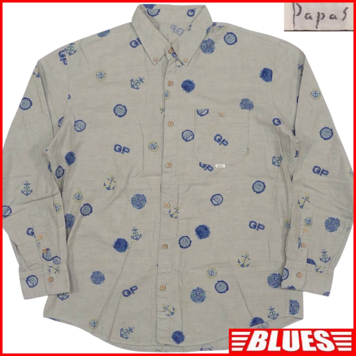 即決★Papas★メンズ L シャツ パパス グレー 総柄 長袖 ボタンダウン 長袖シャツ拍卖