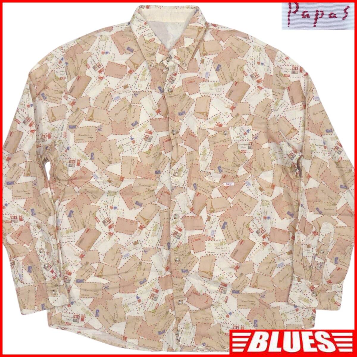 即決★Papas★メンズ L シャツ パパス ピンク 総柄 レター柄 長袖 ボタンダウン ガーゼ拍卖