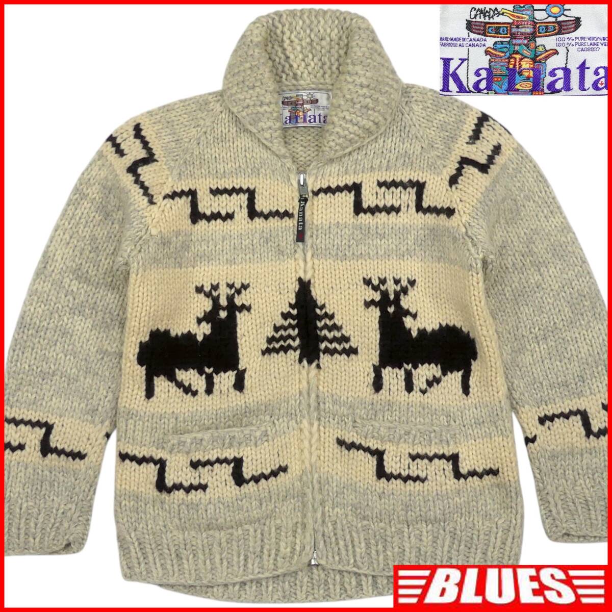 即決★カナダ製 KANATA★メンズ L位 カウチンセーター カナタ グレー トナカイ ウール 鹿 ニット セーター カーディガン ハンドニット拍卖