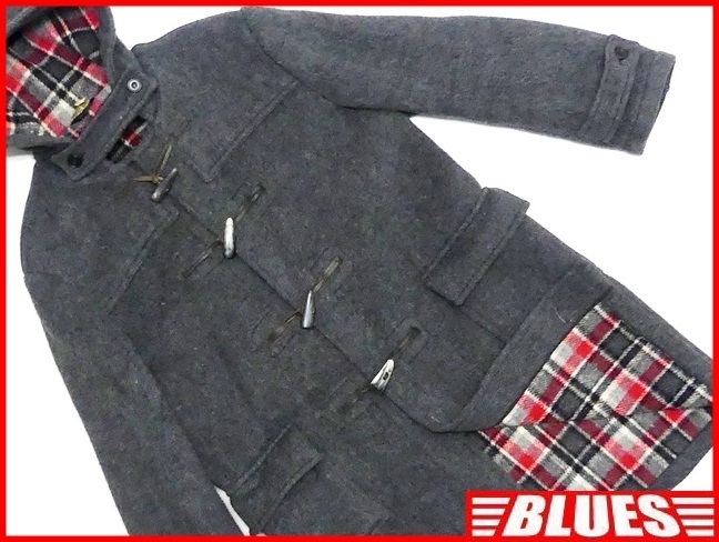 即決★英国製★メンズL ダッフルコート 40 イギリス製 グレー 赤チェック 通勤 ジャケット 通学 ビジネス ウール フード ロング拍卖