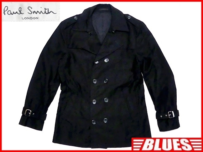 即決★Paul Smith LONDON★メンズM トレンチコート ポールスミス 黒 ブラック ベルト ダブル エポレット拍卖