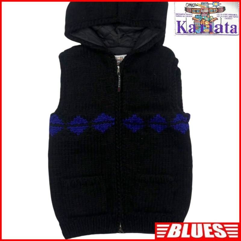 即決★カナダ製 KANATA★メンズ S カウチンセーター ベスト カナタ ユナイテッドアローズ 黒 フード ウール ニット セーター TALON ジップ拍卖